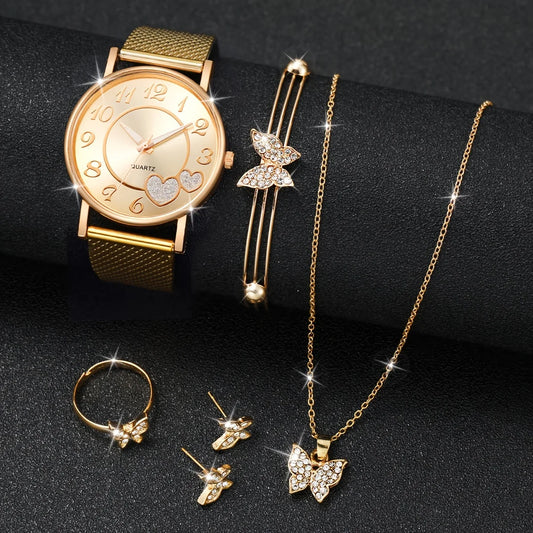 5 Piece Exquisite Golden Heart Watch & Butterfly Jewelry Set