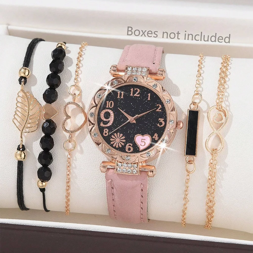 6-Piece Luxury Leather Watch & Bracelet Set
