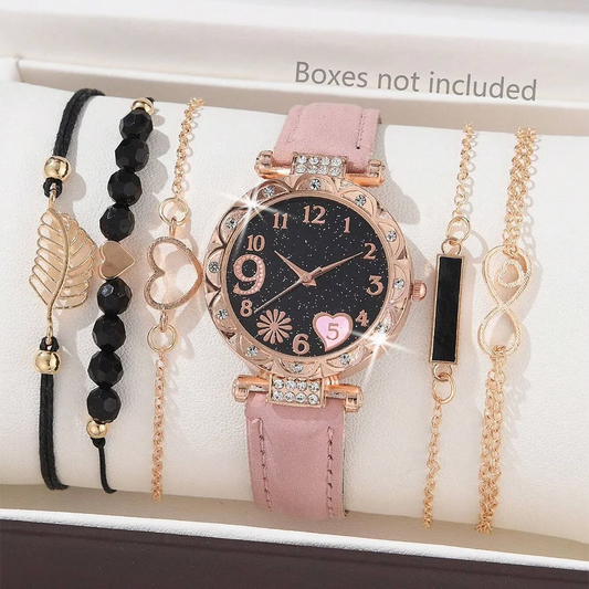 6-Piece Luxury Leather Watch & Bracelet Set