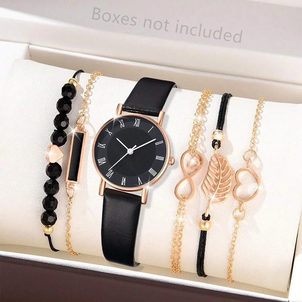 6-Piece Luxury Leather Watch & Bracelet Set