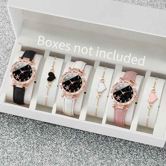 6 Piece Enchanting Floral Dial Quartz Watch & Bracelet Set