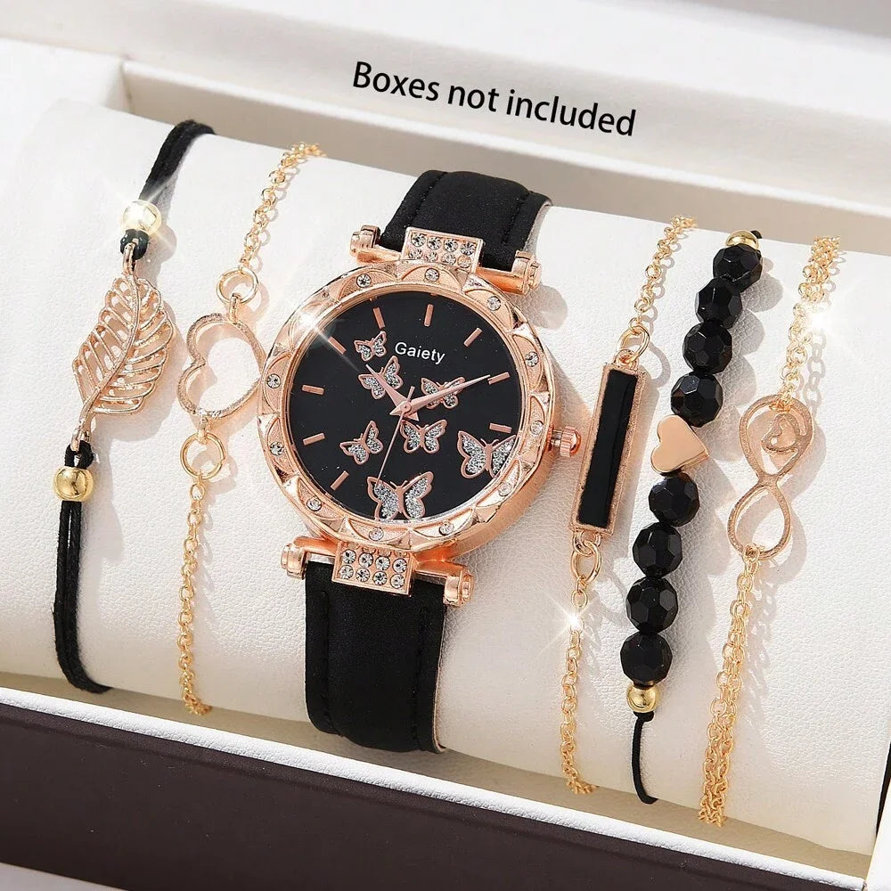 6-Piece Luxury Leather Watch & Bracelet Set