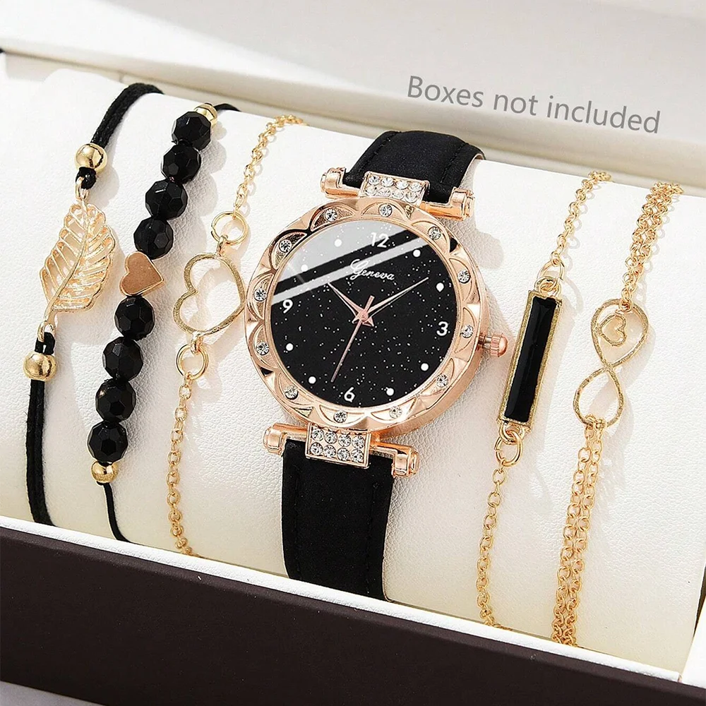 6-Piece Luxury Leather Watch & Bracelet Set