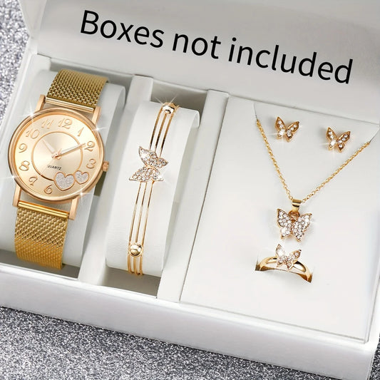5 Piece Exquisite Golden Heart Watch & Butterfly Jewelry Set